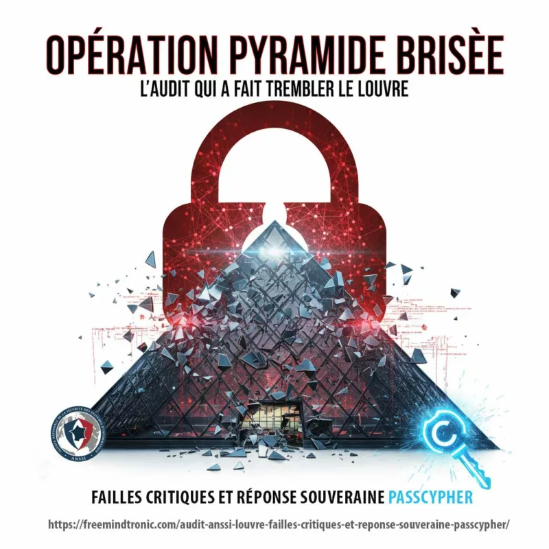 Affiche ultra-réaliste de la correction des failles critiques de l'Audit ANSSI Louvre : la clé PassCypher souveraine brise un cadenas rouge devant la Pyramide.
