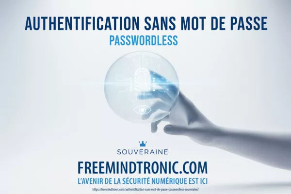 Affiche claire illustrant l’authentification sans mot de passe passwordless souveraine par Freemindtronic Andorre