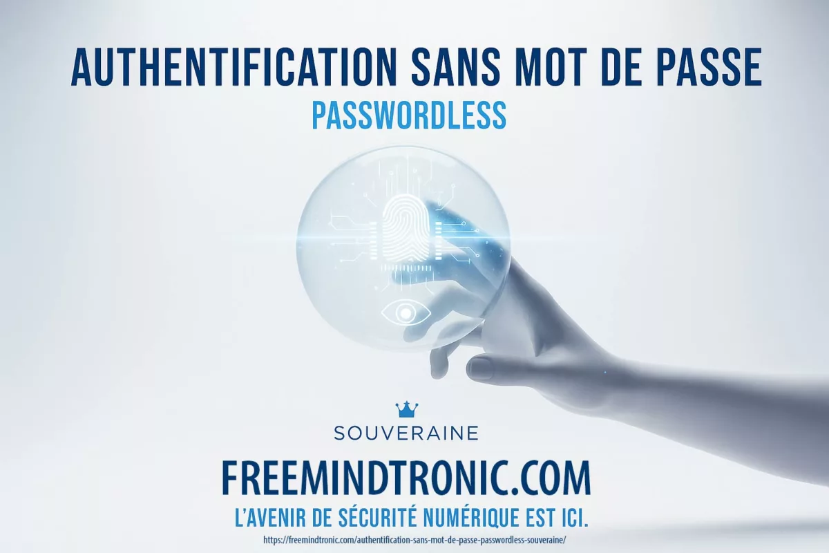 Affiche claire illustrant l’authentification sans mot de passe passwordless souveraine par Freemindtronic Andorre