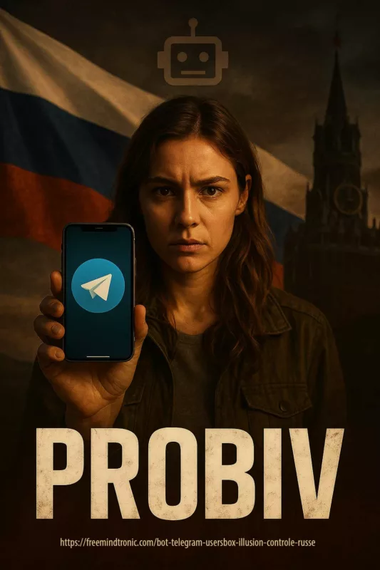 bot telegram usersbox, affiche cyber-thriller sur le marché noir probiv russe et l’illusion de contrôle des données par l’État