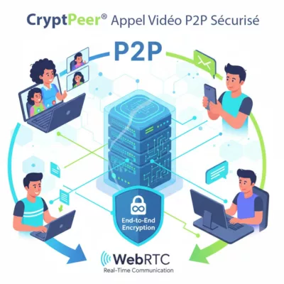 Illustration de CryptPeer messagerie P2P WebRTC montrant un appel vidéo sécurisé chiffré de bout en bout entre plusieurs utilisateurs.