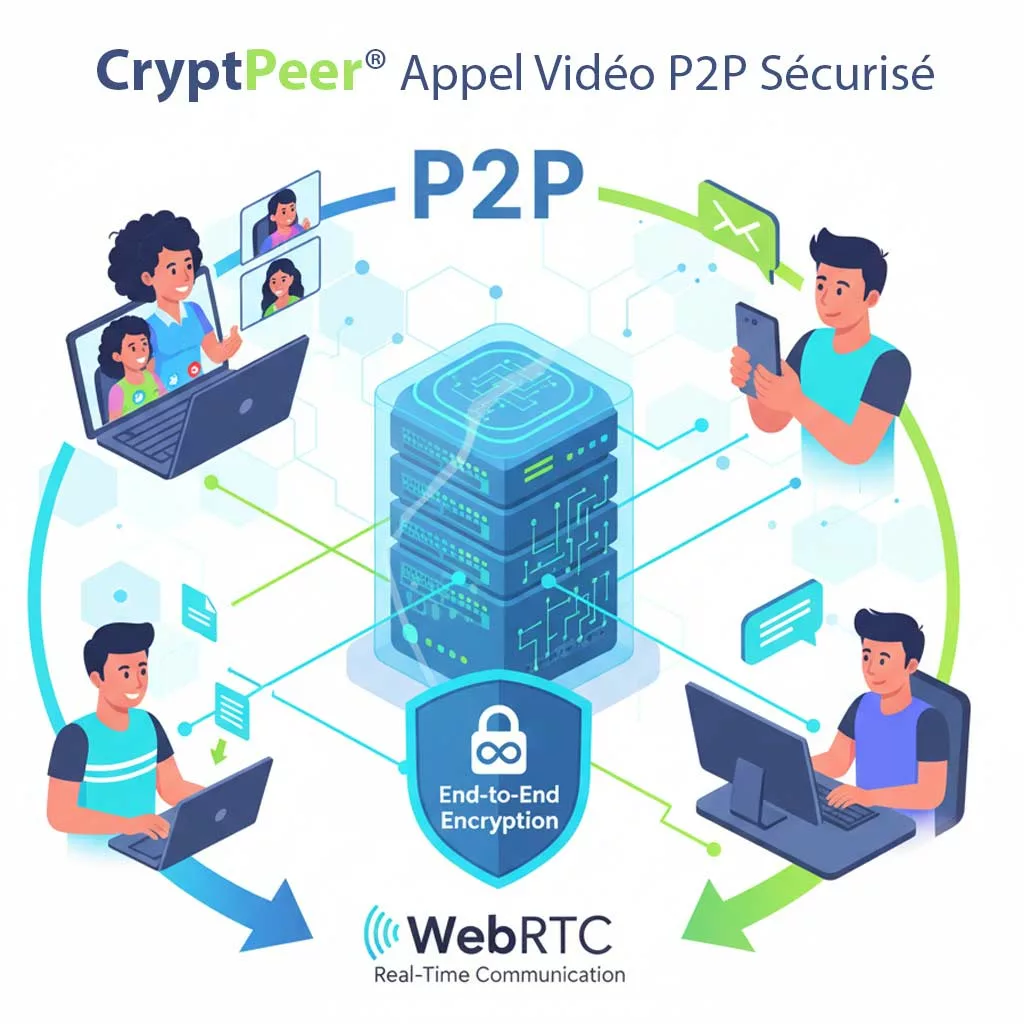 Illustration de CryptPeer messagerie P2P WebRTC montrant un appel vidéo sécurisé chiffré de bout en bout entre plusieurs utilisateurs.