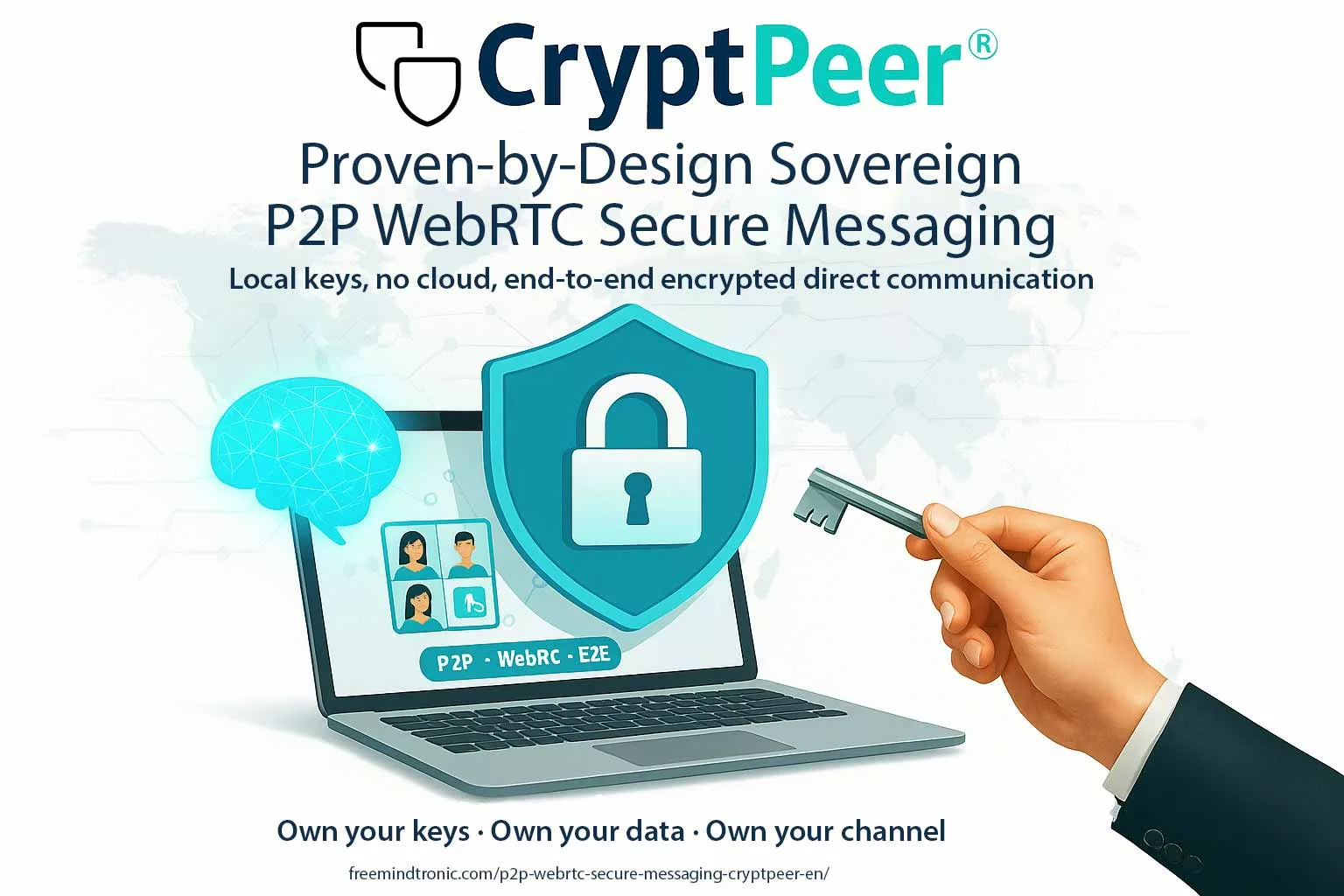 CryptPeer proven-by-design sovereign P2P WebRTC secure messaging with local keys, no cloud and end-to-end encrypted direct communication
