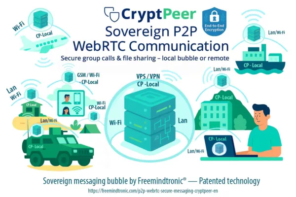 Illustration of CryptPeer P2P WebRTC secure messaging showing a sovereign local bubble with CP-Local nodes in aircraft, vehicles, ships and buildings for secure group calls and file sharing.