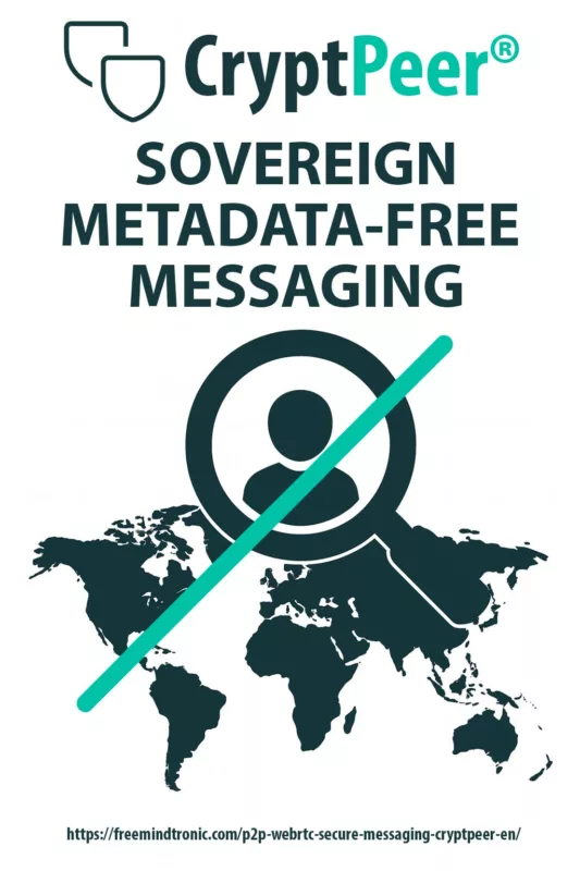 Stylised world map with a user inside a magnifying glass crossed out by a teal line, illustrating CryptPeer sovereign non-traceable P2P WebRTC secure messaging with no metadata retention.