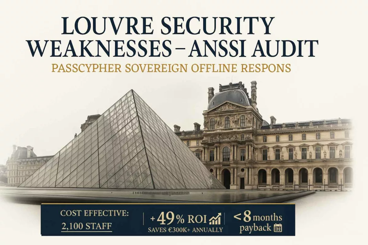 Cinema-style poster — “Louvre Security Weaknesses — ANSSI Audit”; PassCypher sovereign offline response; Louvre pyramid & palace on white; +49% ROI, < 8 months payback, cost-effective for 2,100 staff.
