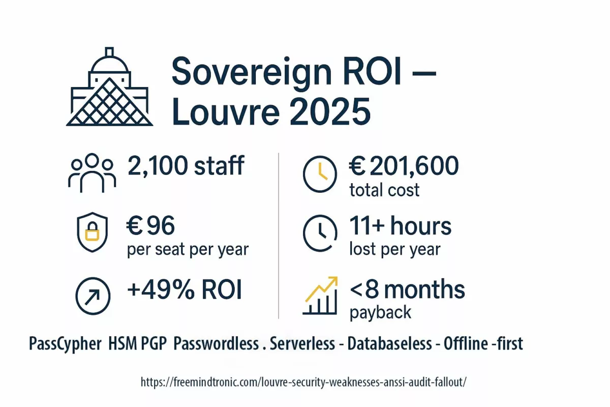 Sovereign ROI — Louvre 2025 on white: €96/seat, €201,600 total, 11+ hours saved, +49% ROI