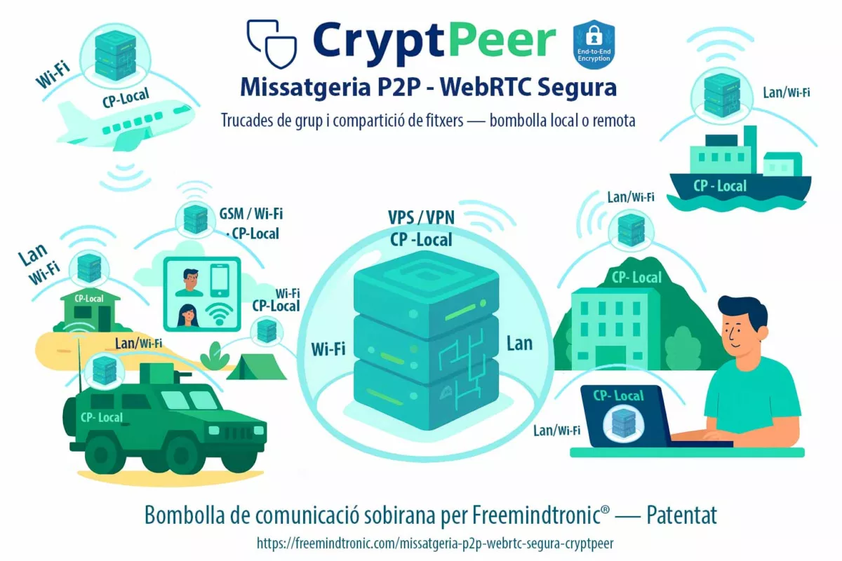 Missatgeria P2P WebRTC segura amb CryptPeer, bombolla local de comunicació sobirana amb trucades de grup i compartició de fitxers xifrats de Freemindtronic