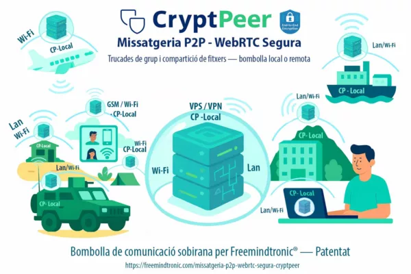 Missatgeria P2P WebRTC segura amb CryptPeer, bombolla local de comunicació sobirana amb trucades de grup i compartició de fitxers xifrats de Freemindtronic