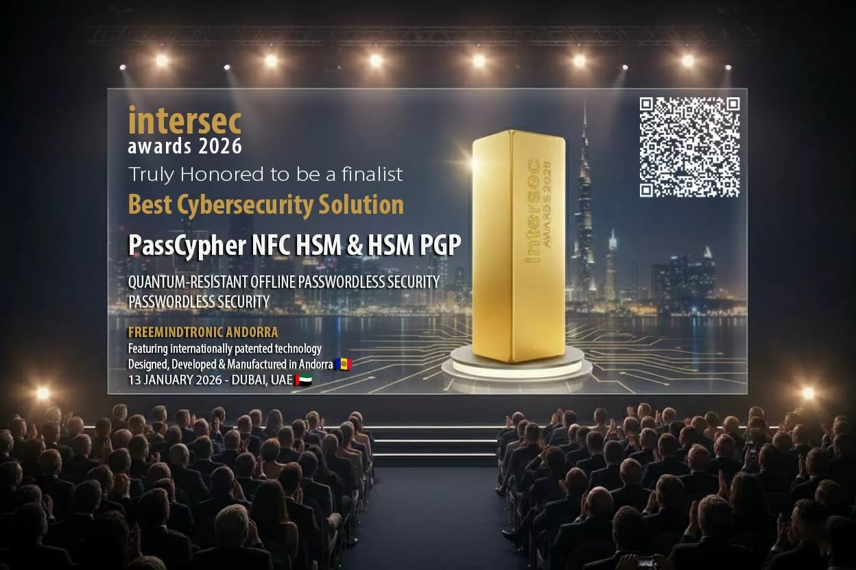 Image of the Intersec Awards 2026 ceremony in Dubai. Large screen announcing PassCypher NFC HSM & HSM PGP (FREEMINDTRONIC) as a Best Cybersecurity Solution Finalist. Features Quantum-Resistant Passwordless Manager patented technology, designed in Andorra 🇦🇩 and France 🇫🇷.
