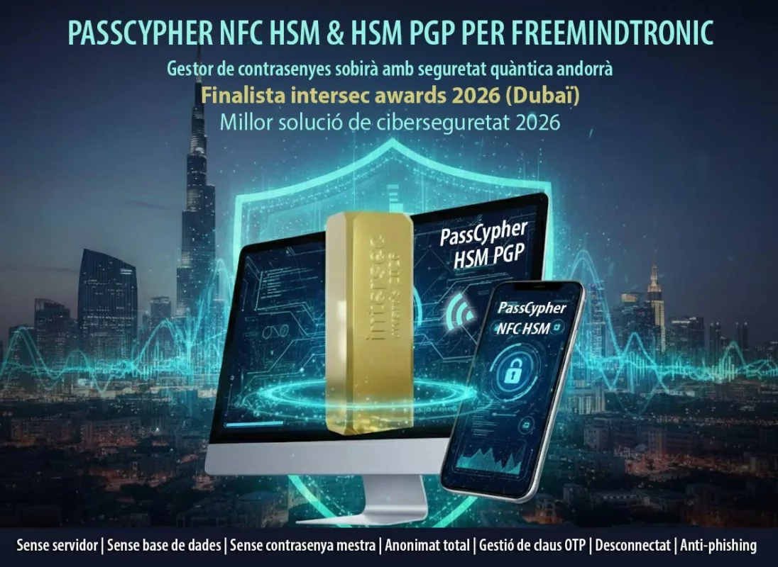 PassCypher finalista Intersec Awards 2026 a Dubai. Affiche ultra-réaliste amb el Gestor sense contrasenya resistent a l'impacte quàntic (QRPM), amb la doble representació (PC i mòbil) i el Trofeu Intersec. Freemindtronic Andorra.
