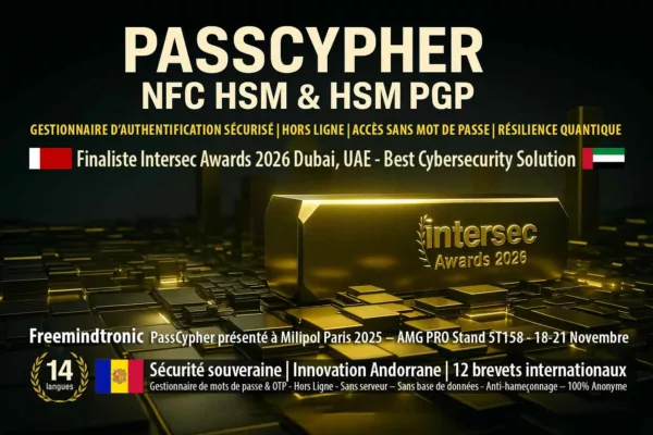 PassCypher Finaliste Intersec Awards 2026 — passwordless hors-ligne, quantum-resistant, Freemindtronic Andorre