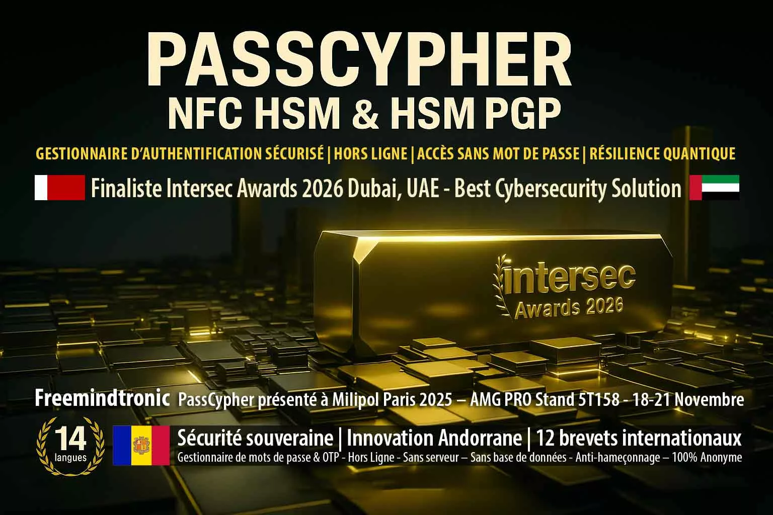 PassCypher Finaliste Intersec Awards 2026 — passwordless hors-ligne, quantum-resistant, Freemindtronic Andorre