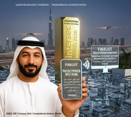 رجل إماراتي يحمل جائزة إنترسيك ٢٠٢٦ تكريمًا لتقنية PassCypher NFC HSM و HSM PGP من Freemindtronic Andorra المرشحة لجائزة أفضل حل للأمن السيبراني.