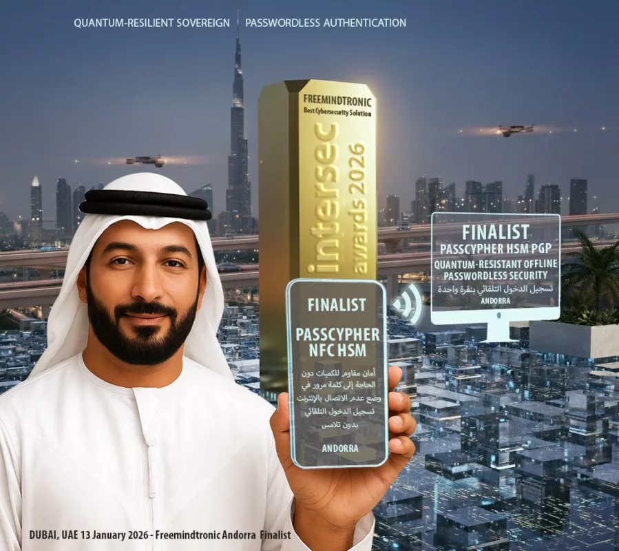 رجل إماراتي يحمل جائزة إنترسيك ٢٠٢٦ تكريمًا لتقنية PassCypher NFC HSM و HSM PGP من Freemindtronic Andorra المرشحة لجائزة أفضل حل للأمن السيبراني.