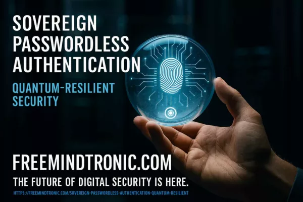 Corporate visual showing sovereign passwordless authentication and RAM-only quantum-resistant cryptology by Freemindtronic