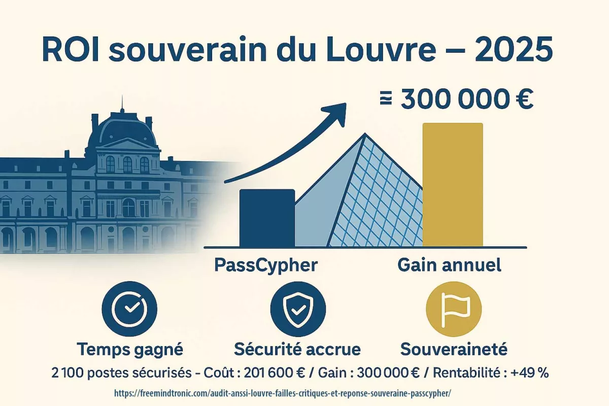 Infographie illustrant le ROI souverain du Louvre 2025 avec la solution PassCypher : audit ANSSI Louvre, coût de 96 euros par poste et gain annuel de 300 000 euros grâce à une authentification 100 % hors ligne.