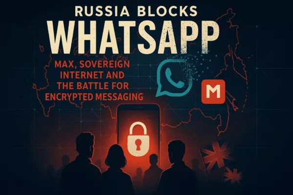 Movie-style poster for the English chronicle “Russia Blocks WhatsApp: Max and the Sovereign Internet”, with WhatsApp fading into the Max superapp over a split Russian digital map.