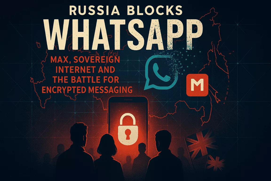 Movie-style poster for the English chronicle “Russia Blocks WhatsApp: Max and the Sovereign Internet”, with WhatsApp fading into the Max superapp over a split Russian digital map.