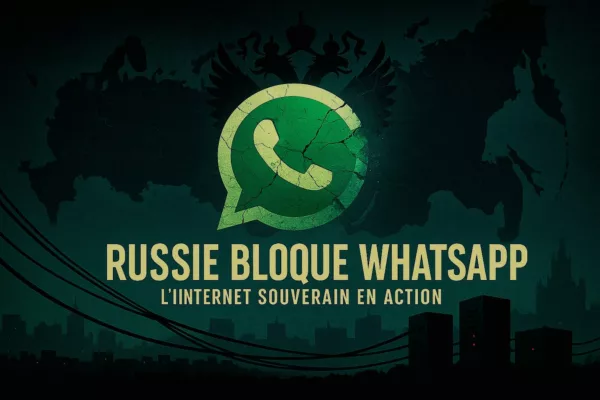illustrant Russie bloque WhatsApp avec le Kremlin, l’icône WhatsApp barrée, la superapp Max et un réseau d’Internet souverain russe, pour une chronologie géopolitique du blocage complet de WhatsApp
