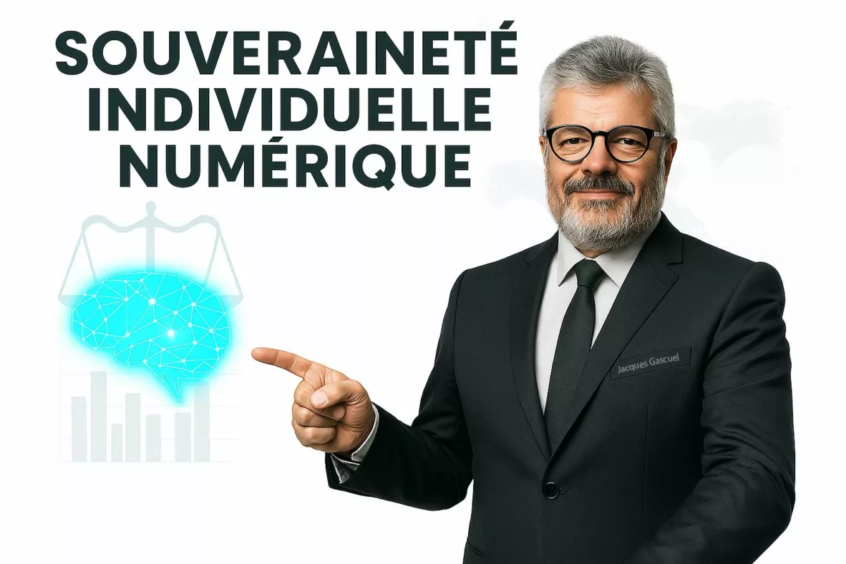 Jacques Gascuel illustrant la souveraineté individuelle numérique — posture confiante symbolisant la liberté, l’autonomie technologique et la souveraineté cryptographique.