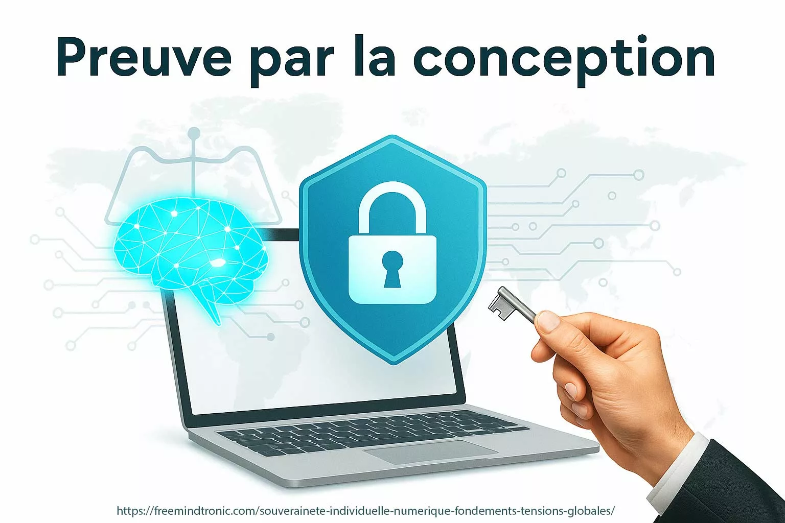 Illustration conceptuelle de la souveraineté individuelle numérique — un cerveau lumineux connecté à un cadenas symbolisant la preuve par la conception et la maîtrise souveraine des données.