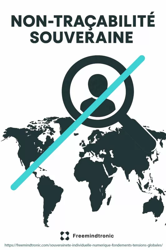 Illustration verticale symbolisant la non-traçabilité souveraine — un réseau déconnecté où les données s’effacent à la source, représentant la liberté numérique par absence de métadonnées et autonomie offline.