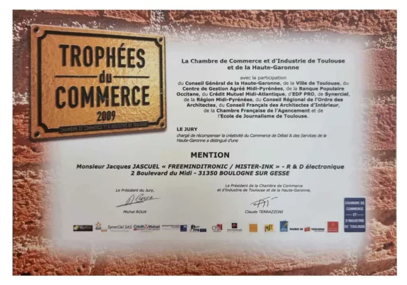 Trophée du Commerce 2009 décerné à FREEMINDTRONIC / MISTER-INK par la CCI de Toulouse pour une activité de R&D électronique à Boulogne-sur-Gesse.