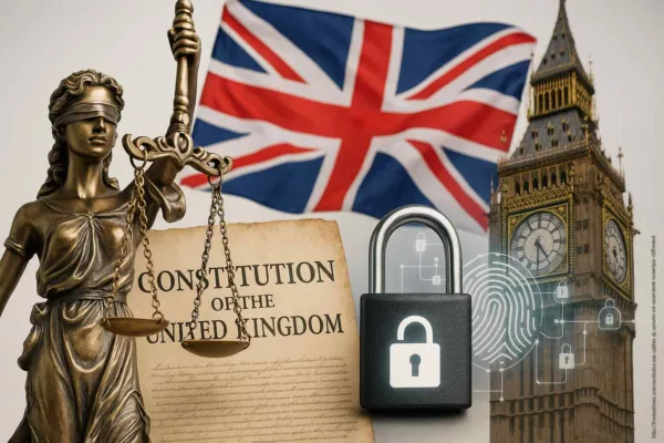 Constitution non codifiée Royaume-Uni avec Big Ben, Lady Justice, drapeau britannique et cadenas numérique symbolisant la souveraineté numérique et le chiffrement souverain
