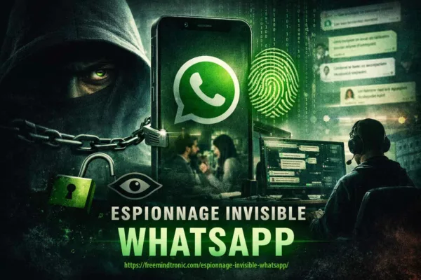 Illustration réaliste montrant l’espionnage invisible d’un compte WhatsApp via une session persistante sur smartphone