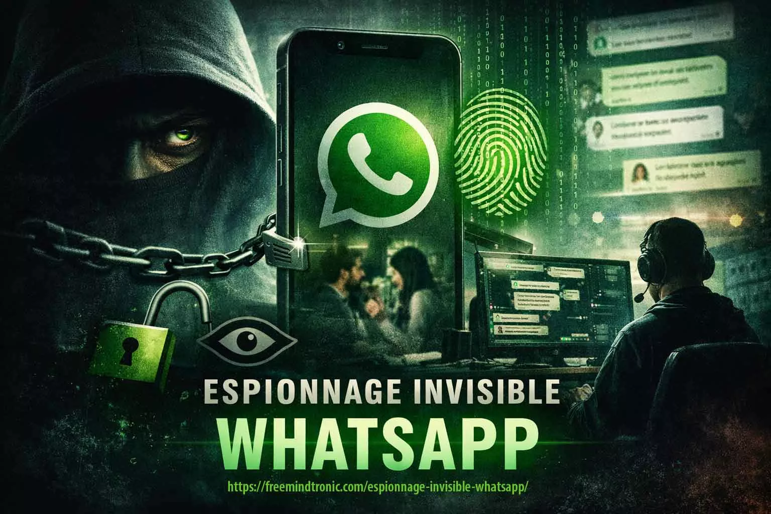 Illustration réaliste montrant l’espionnage invisible d’un compte WhatsApp via une session persistante sur smartphone