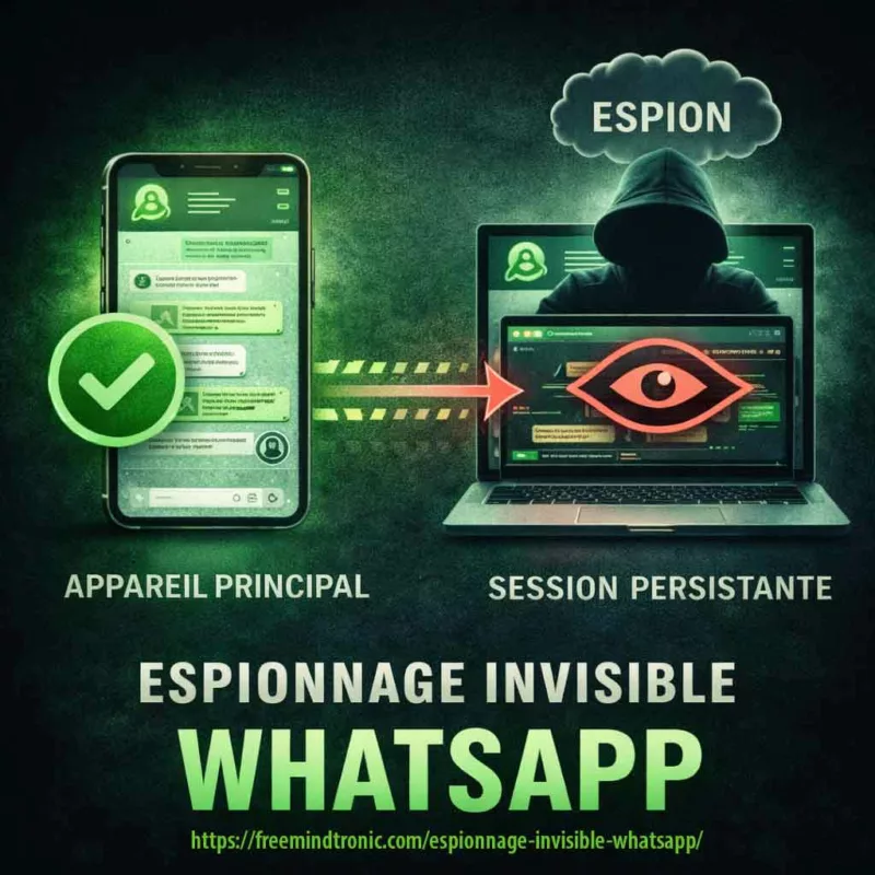 Schéma simplifié montrant l’espionnage invisible d’un compte WhatsApp via une session persistante légitime