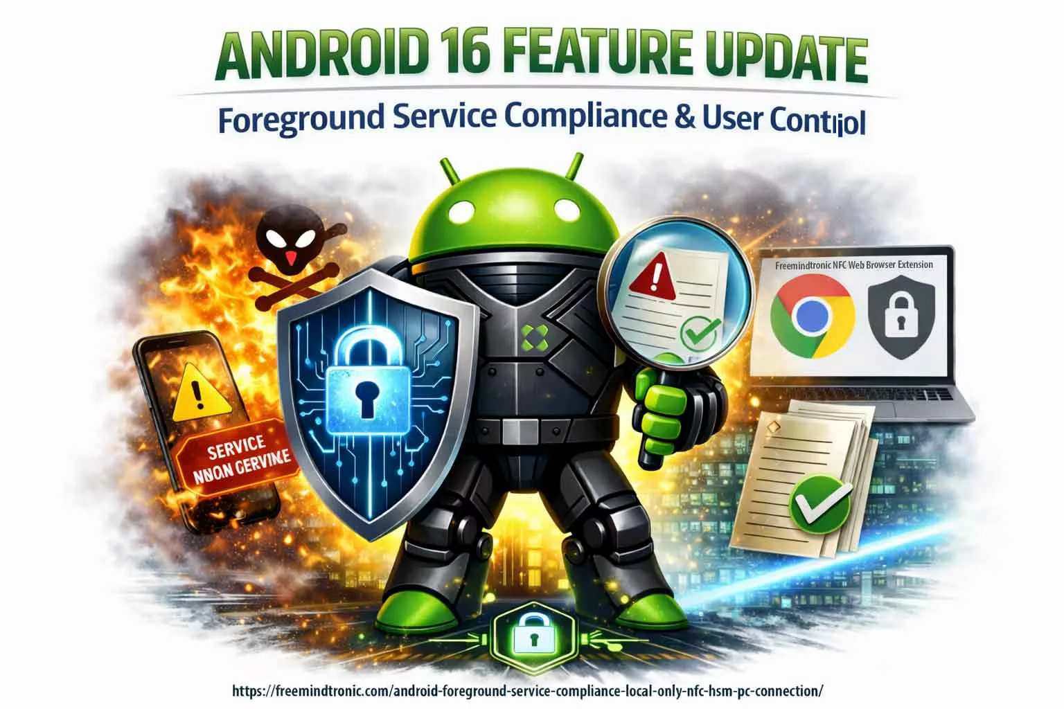 Android foreground service compliance illustrated with Android 16 feature update, showing visible foreground service, user control, STOP action, and local-only secure connection