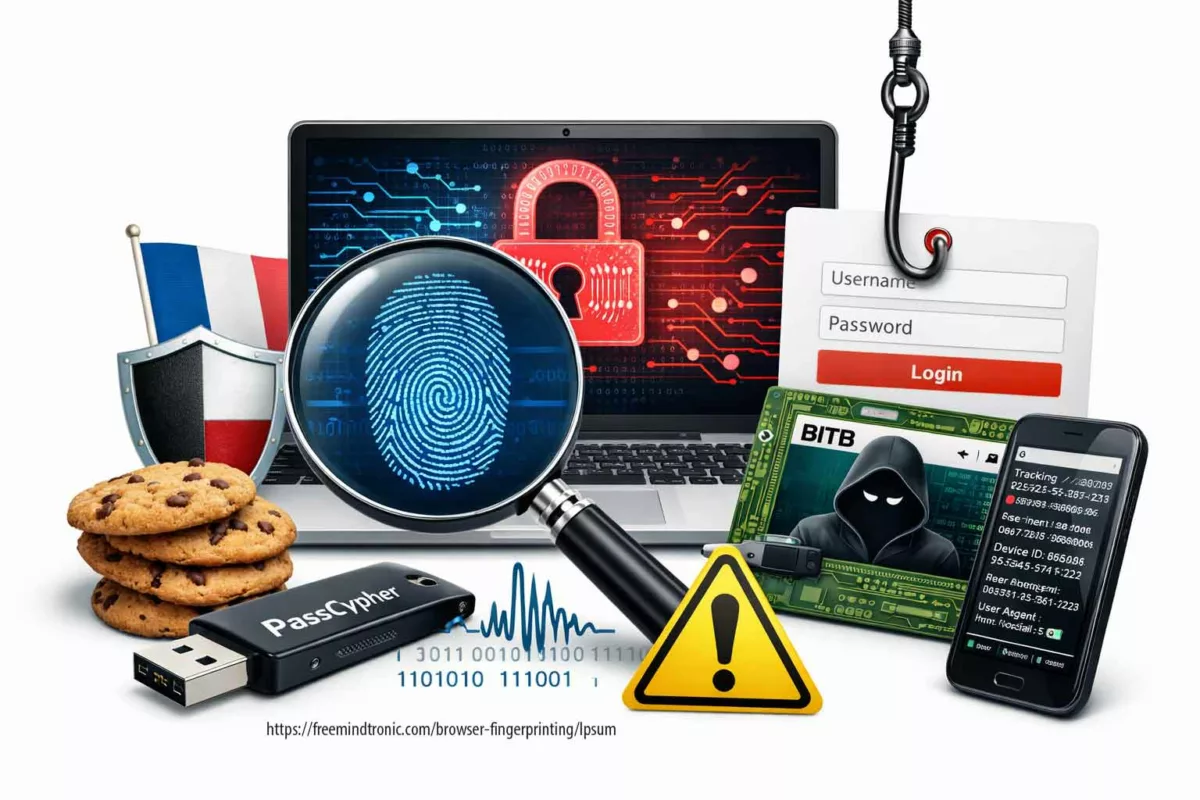 Illustration du browser fingerprinting montrant une empreinte numérique de navigateur issue de métadonnées techniques utilisées pour la surveillance et le renseignement numérique