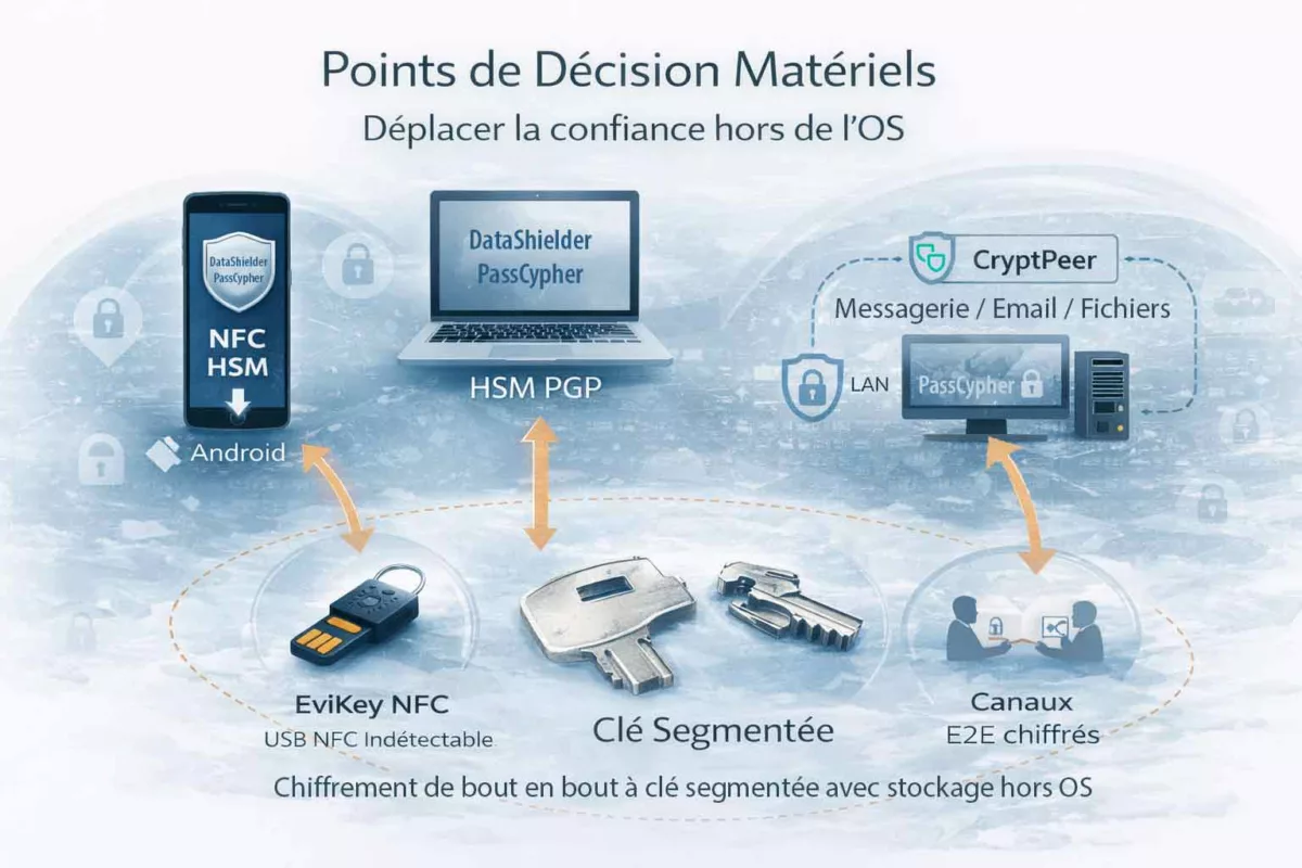 Clé de sécurité segmentée en plusieurs parties, illustrant le principe de clé chiffrée fragmentée et reconstituée hors OS face au cyber espionnage zero day