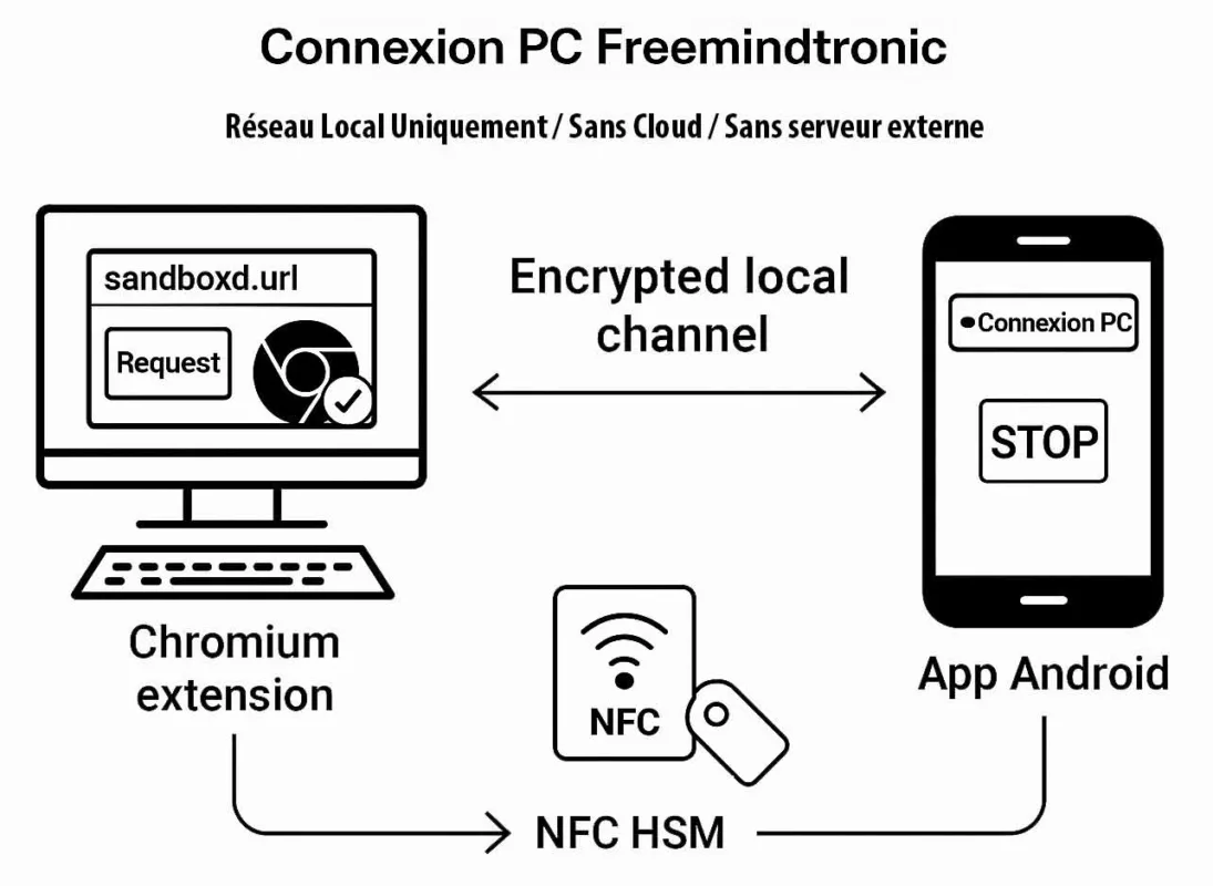 Schéma illustrant le scénario sécurisé de Connexion PC Freemindtronic : extension Chromium, service de premier plan Android, canal chiffré local par protocole à clé segmentée avec clé unique par session, et usage NFC HSM sans serveur externe.