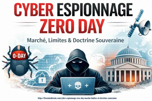 Illustration du cyber espionnage zero day montrant un marché de vulnérabilités, un terminal compromis et une intrusion furtive à portée mondiale