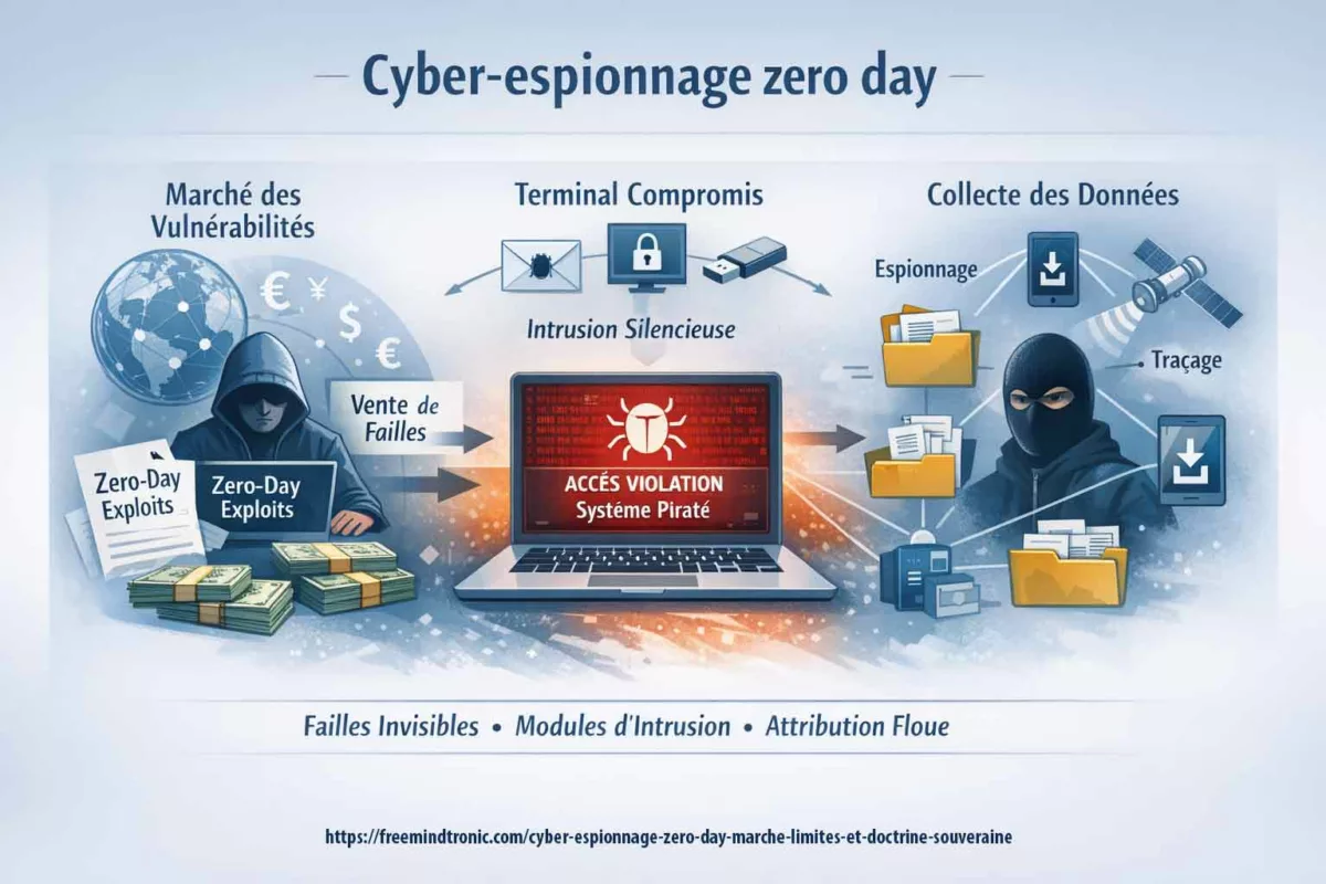 Illustration du cyber espionnage zero day montrant le marché des vulnérabilités inconnues, un terminal compromis et une intrusion furtive difficilement détectable