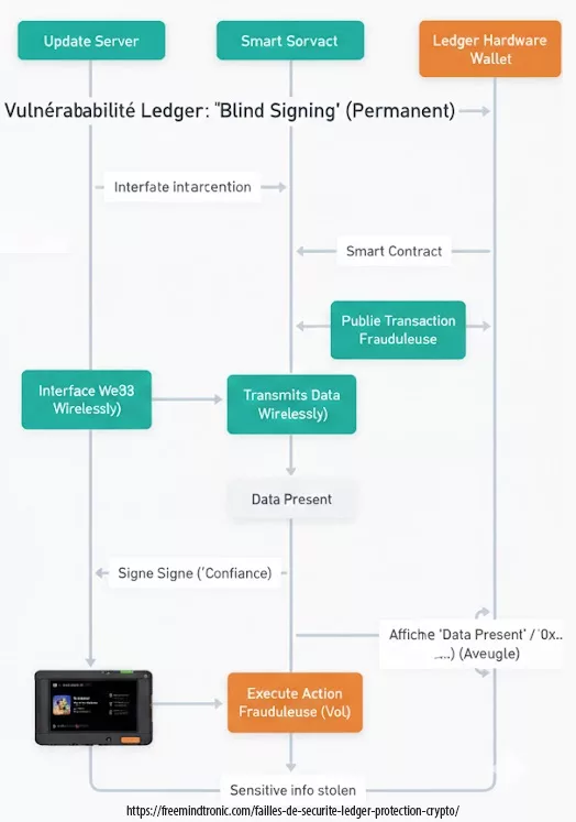 Diagram illustrating Blind Signing, showing a hardware wallet displaying 'Data Present' while a malicious smart contract drains funds.