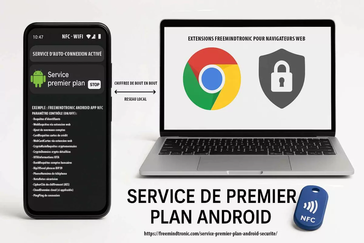 Illustration réaliste montrant les extensions Freemindtronic pour navigateurs web, avec chiffrement de bout en bout à clé segmentée via NFC HSM.