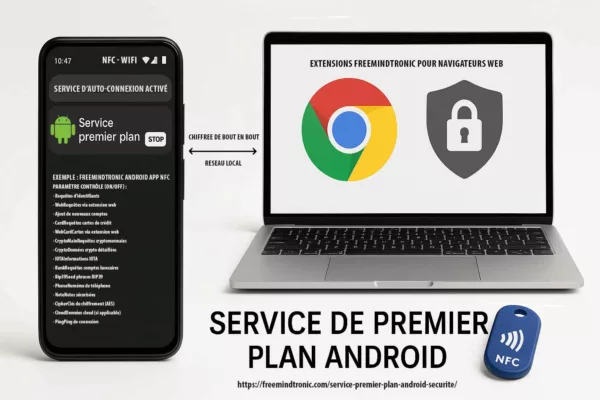 Illustration réaliste montrant les extensions Freemindtronic pour navigateurs web, avec chiffrement de bout en bout à clé segmentée via NFC HSM.