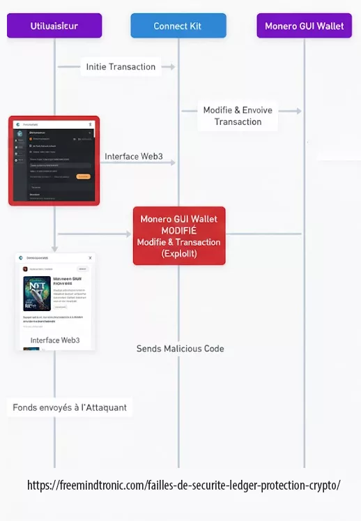 Schéma technique expliquant le risque de Blind Signing : l'utilisateur valide une transaction via un smart contract malveillant sans pouvoir en vérifier le contenu réel sur l'écran du wallet.