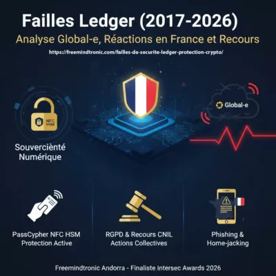 Infographie résumant la faille Ledger Global-e 2026, les risques de phishing en France, les recours CNIL et les solutions NFC HSM de Freemindtronic.