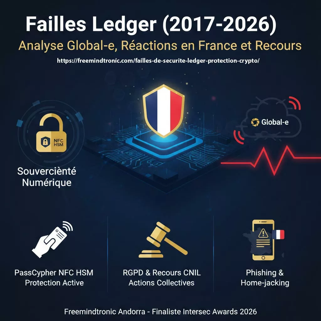 Infographie montrant la chaîne de risques de la faille Ledger 2026 : fuite Global-e, phishing SMS Chronopost, menaces de home-jacking et solutions de défense active NFC HSM.