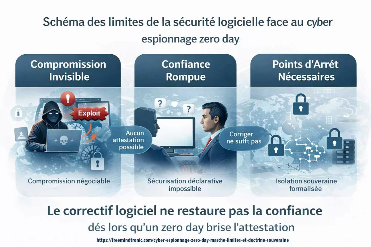 Schéma des limites de la sécurité logicielle face au cyber espionnage zero day : compromission invisible, confiance rompue et nécessité de points d’arrêt matériels