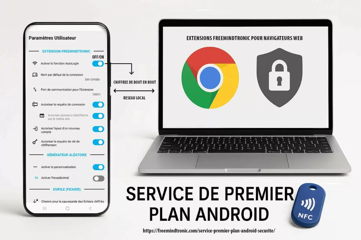 Écran Paramètres Utilisateur Freemindtronic affichant Extension Freemindtronic avec AutoLogin activable, port de communication 10001 et autorisations de requêtes pour Connexion PC NFC HSM