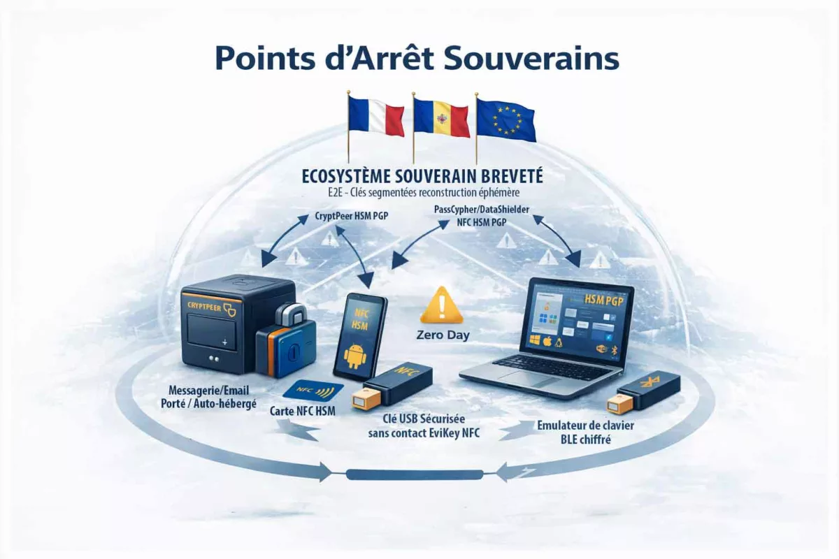 Schéma des points d’arrêt souverains face au cyber espionnage zero day : NFC HSM Android, HSM PGP ordinateur, clé USB EviKey NFC indétectable, chiffrement de bout en bout à clés segmentées et appairage mobile-ordinateur.