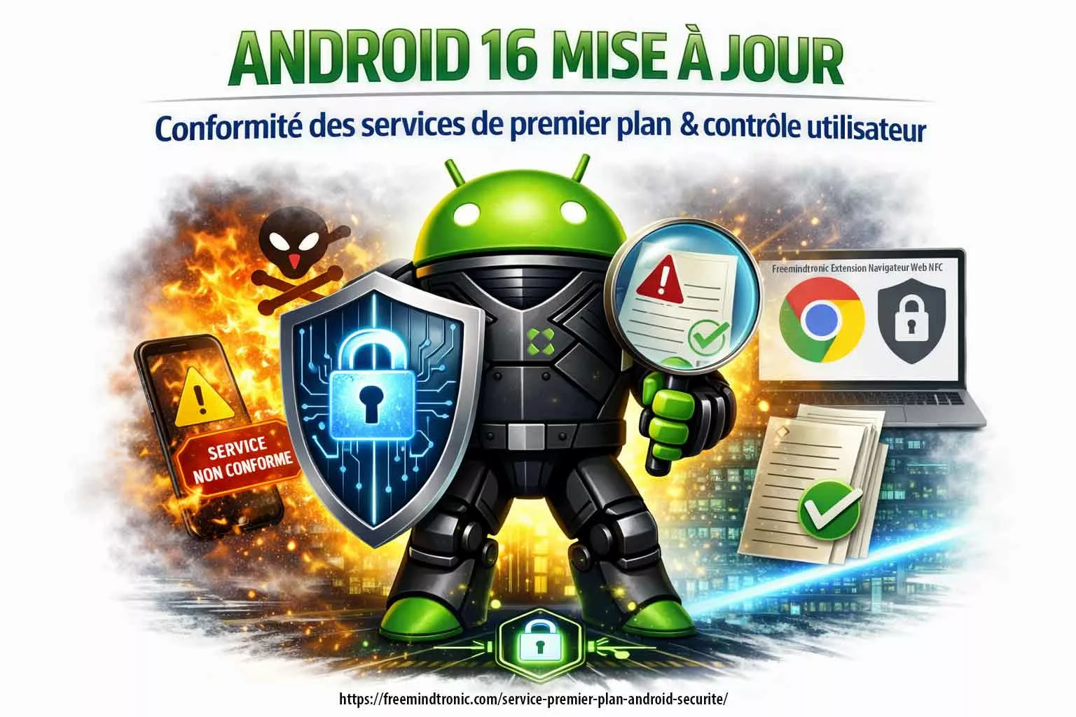 Service premier plan Android illustré sous Android 16 avec notification persistante, action STOP, contrôle utilisateur et périmètre strictement local