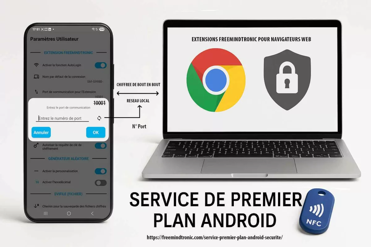 Illustration montrant un service de premier plan Android où l’utilisateur peut modifier le port de communication (10001 par défaut) utilisé pour l’échange local entre un téléphone Android et une extension navigateur Chromium Freemindtronic pour l’usage d’un NFC HSM