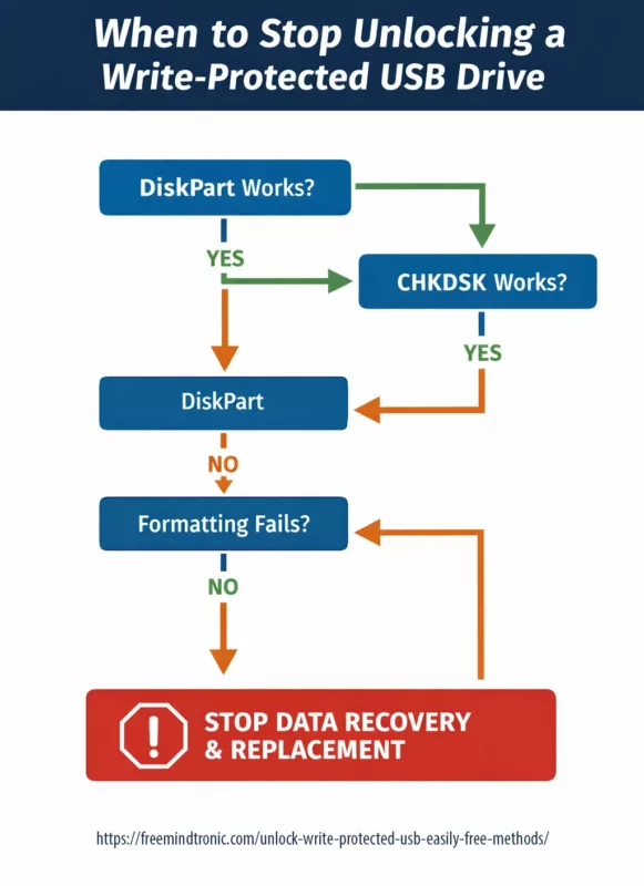 Unlock write-protected USB decision tree showing when to stop recovery attempts
